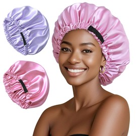 NVNAN Satin Bonnet for Women,Double Layer Adjustable Sleep Cap, Soft and Silk Hair Bonnet for Curly Hair Protection, 2 Pack （Purple, Blush）