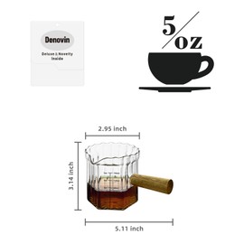 Denovin Glass Measuring Cup, 5oz Espresso Shot Glass with Wood Handle, Single Spout Measuring Triple Pitcher Milk Cup for Coffee Tea (Transparent Ribbed)