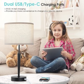 GGOYING Set of 2 Bedside Table Lamp, Pull Chain Nightstand Lamps with USB A & C Charging Ports, 5000K LED Bulb, Round Fabric Linen Lampshade for Livingroom, Bedroom, Home, and Office(Bulbs Included)