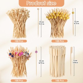Sublaga 400PCS Cocktail Picks, 4.7" Eco-friendly Natural Bamboo Ball Food Picks, Fancy Toothpicks for Appetizers, Drinks Party Fruit, Bamboo Gold Ball Food Sticks Charcuterie Accessories