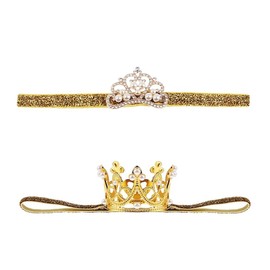 Nishine 2 Pack Elastic Baby Crown Headband Princess Girls Tiara Headdress Set(Gold)