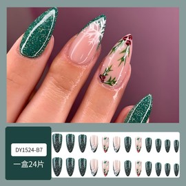 24Pcs Christmas Press on Nails Medium Almond Fake Nails Green Glitter Glue on Nails Snowflake Designs French Tip False Nails Winter Acrylic Nails Full Cover Stick on Nails for Women Manicure DIY