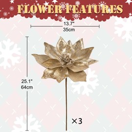 Briful 13.7'' Extra Large Magnolia Christmas Flowers Oversized Magnolia Artificial Flowers for Tree Decor 3Pcs Faux Magnolia Christmas Stems with Glitter, Pearl Ornaments for Xmas Wreath,Champagne