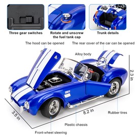 BDTCTK 1/24 Scale Shelby Cobra 427 Diecast Model Car, Blue Pull Back Vehicle with Sound and Light, Zinc Alloy Body, Opening Hood and Trunk, Collectible Toy for Kids 3+ Years