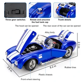 BDTCTK 1/24 Scale Shelby Cobra 427 Diecast Model Car, Blue Pull Back Vehicle with Sound and Light, Zinc Alloy Body, Opening Hood and Trunk, Collectible Toy for Kids 3+ Years