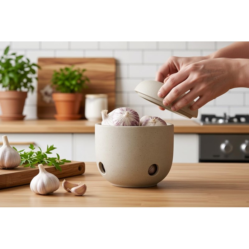 Ceramic Garlic Keeper,Garlic Storage with Lid,Garlic Holder,Beige,Small
