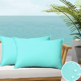 SOFJAGETQ Pack of 2 Outdoor Waterproof Throw Pillow Covers Durable Vibrant Decorative Outdoor Pillows Cushion Case Pillow Shell for Patio Couch, Tent, Sunbrella (12x20 Inches, Light Blue)