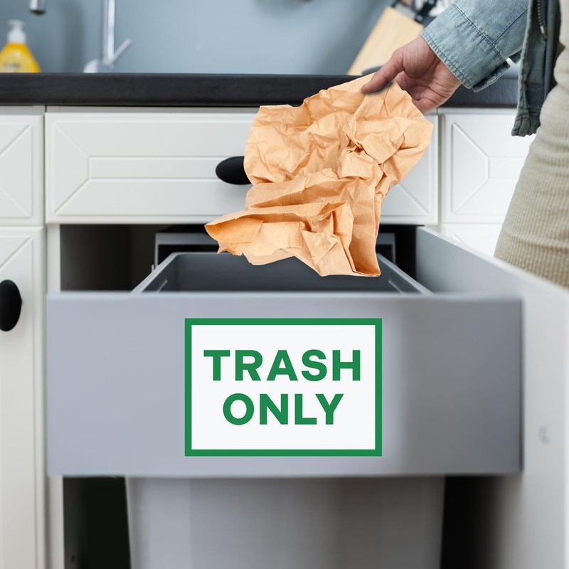Trash Only Signs, Self Adhesive Weatherproof Vinyl Stickers, White/Green, 7"
