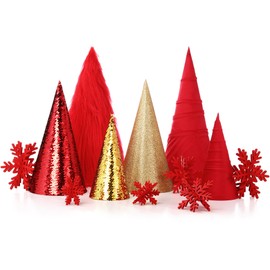 Knitgrip 12 Pcs Cone Christmas Trees Snowflake Set, Christmas Table Decor with Velvet Glitter Sequins Plush Surface, Wooden 3D Snowflake Centerpiece for Holiday Winter Home Decor(Red)