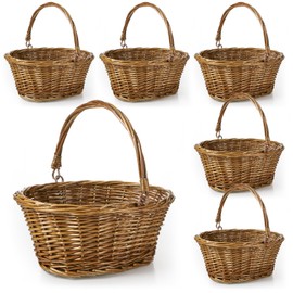 Barydat 6 Pcs Easter Small Wicker Picnic Basket with Handle Flower Girl Baskets Oval Willow Woven Braided Gift Basket for Weddings Baby Shower Home Garden Decor(12'' X 9'' X 5'',Brown)