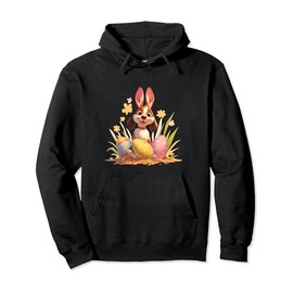 Colorful Easter Eggs Hunt 2024 Dog With Bunny Ears for Kids Pullover Hoodie