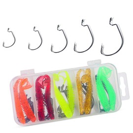 50 pieces offset hooks, offset worm jig hooks, fishing hook set, offset worm dropshot hooks for rubber bait, offset hook worm fishing hooks with plastic case and 10 soft baits