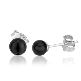 NKlaus Pair of Genuine Onyx Stud Earrings 925 Sterling Silver Rhodium-Plated 5 mm Round Women's 3775, Sterling Silver, Onyx