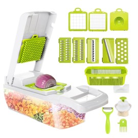 STERK Vegetable Chopper Cutter Slicer Multifunctional 14-in-1 Food Veggie Salad Onion Chopper Cutter Dicer with Container, 8 Interchangable Blades, Hand Protector, Drain Strainer, Peeler, Brush
