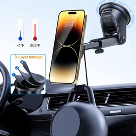 PTz Worlds 2-in-1 Magnetic Car Mount - Phone Holder for Truck, Windshield Dashboard Carmount, Cradle Glass Mount Phone Holders, Magic Magnet Stand for All Phones, 360 Adjustable, Suction Cup Base