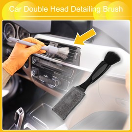 INFINAUTO Car Double Head Detailing Brush, 22cm Car Coral Fleece Duster Air Vents Dashboard Screen Brush ABS Black, 1 Pc