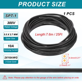 PATIKIL 25Ft 18/2 PVC Covered Wire, 300V SPT-1 Lamp Cord Insulated Heat Resistant Electronical Flexible Cable for LED Lamp Wire Audio Cable Speaker, Black, UL Listed
