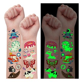 Partywind Glow Temporary Tattoos for Kids Party Favors, 380 Mixed Styles Tattoo Stickers Include Unicorn Dinosaur Mermaid Pirate Shark, Glow Party Supplies Gifts for Kids Goodie Bags - 30 Sheets
