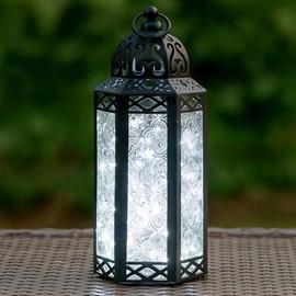 Vela Lanterns Portavelas de Metal marroquí Decorativo con Luces LED para Interior del hogar, centros de Mesa, Patio o Porche al Aire Libre, Bodas, Transparente, Mediano