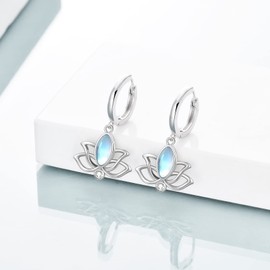 YFN Lotus Earrings for Women Sterling Silver Moonstone Lotus Flower Hoop Earrings Yoga Jewelry Gifts for Women Girls