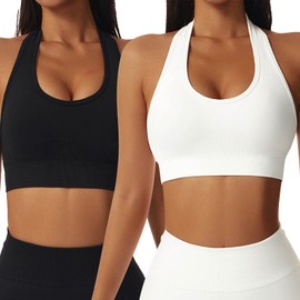 Vertvie Halterneck Sports Bra Backless Fitness Bustier Women's Padded Push Up Bra Without Underwire Sports Bra Top Yoga Bra Medium Support Workout, 2 pieces: black and white, M