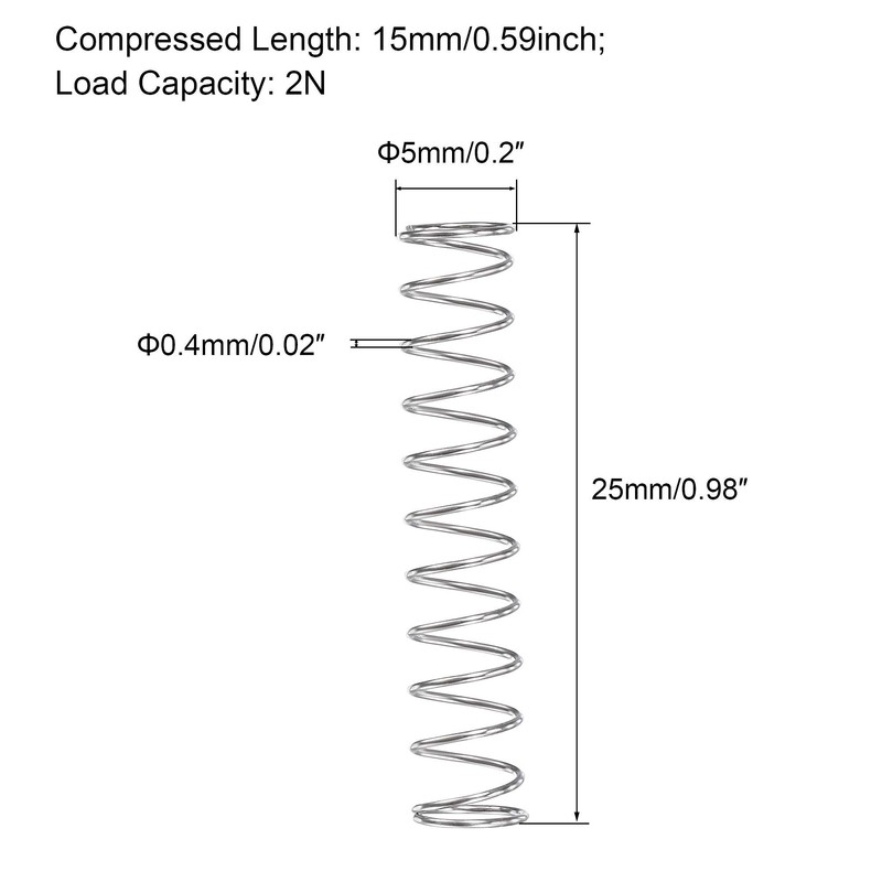 sourcing map Compression Spring,304 Stainless Steel,5mm OD,0.4mm Wire Size,9mm Compressed