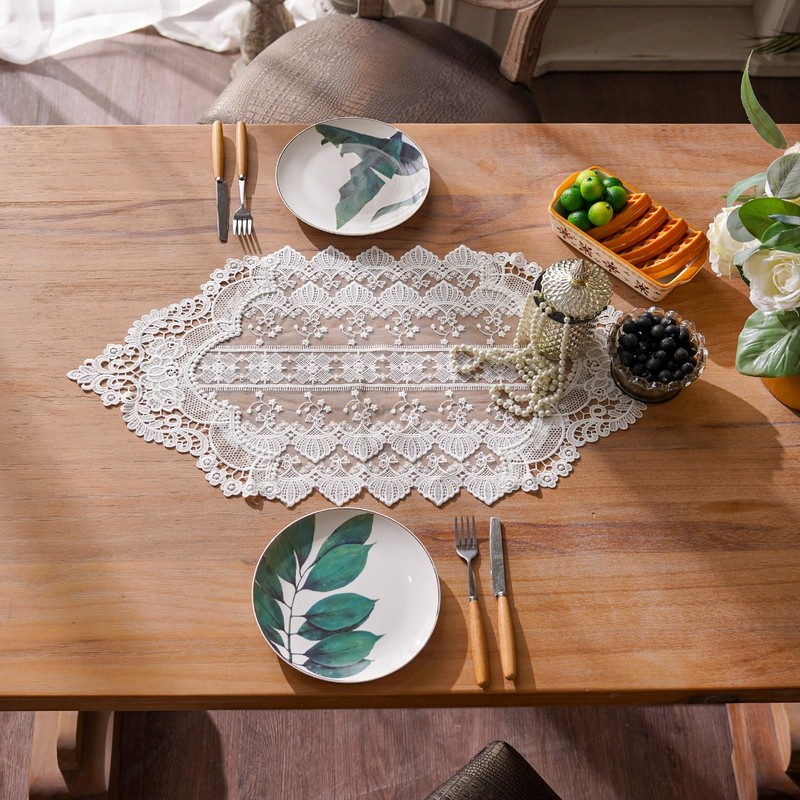 SUTAVIA White Lace Small Table Runner Exquisite Embroidery Floral Rectangular