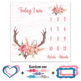 PHMOJEN Monthly Milestone Blanket for Baby Girl, Deer Antler Flowers with Words Pink Baby Growth Chart Monthly Blanket | includes Markers 47"x47" BTLSPH68