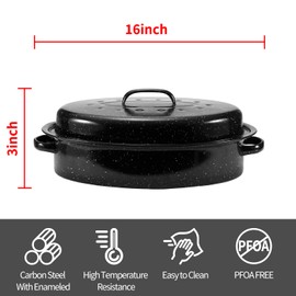 Granite Roasting Pan, Medium 16” Enameled Roasting Pan with Domed Lid. Oval Turkey Roaster Pot, Broiler Pan Great for Small Turkey, Chicken, Ham, Dishwasher Safe Fit for Roast 12Lb Bird by Kendane