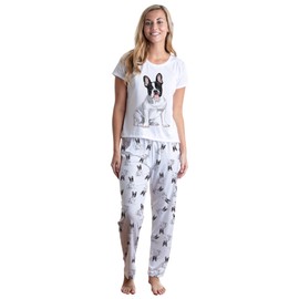 FUR OF LOVE French Bulldog white and black, frenchie Bull dog lover, gift, Pjs Dog Pajama Set (top & Bottom) with pants for Women, Color White (M)