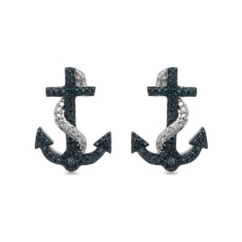 Jewelili Sterling Silver Treated Blue and Natural White Round Diamond Accent Stud Earrings, Metal, Diamond