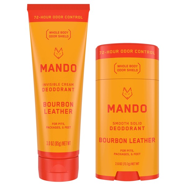 Mando Whole Body Deodorant - Invisible Cream Tube and Solid Stick - 72 Hour Odor Control - Aluminum Free, Baking Soda Free, Skin Safe - 3.0 Ounce Tube and 2.6 Ounce Solid Stick Bundle - Bourbon Leather