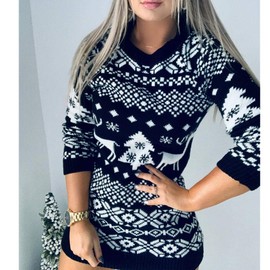 Loalirando Christmas Knitted Dress for Women Long Sleeve Round Neck Pullover Long Sweater Deer Snowflakes Print, black