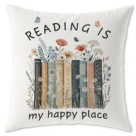 Trenstise Floar Book Lover Reader Gifts Pillow Covers, Bookish Bookworm Gifts, Reading is My Happy Place Book Pillow Cover Gifts for Women 18x18,Book Nook Decor,Reading Pillow for Kids
