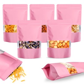 100PCS Mylar Bags for Food Storage, Smell Proof Bags Resealable Food Packaging for Small Business Stand Up Pouches with Window, 3.94" x5.9", Pink