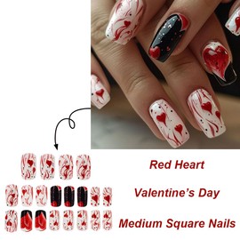 24Pcs Heart Press on Nails Medium Square Fake Nails Valentine’ Day Red False Nails Valentine Glue on Nails Full Cover Glossy Stick on Nails Line Design Acrylic Nails for Women Girls Manicure Kit