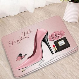 Pink High Heels Bath Mat Hello Gorgeous Lipstick Black Perfume Flower Fashion Makeup Woman Girls Romantic Bathroom Microfiber Memory Foam Bathroom Rug Doormat Kitchen Toilet Floor Rug