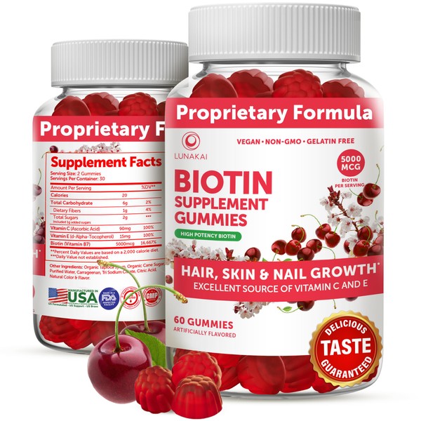 Biotin Gummies with Vitamin C & E - Tastiest Proprietary Formula-5000mcg Non-GMO Hair Skin and Nails Vitamins Gummies for Women - Vegan Biotin Supplement - Biotin Gummies for Hair Growth - 60 Count