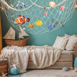 PercyEffie 6Pieces Natural fish net decorations fish nets scallop beach Party Decoration Luau Tropical Nautical Beach Table Cover ocean Theme Decor for Party Home Bedroom Wall Hanging Net Decorations