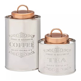 Odi 2PC Etched Stainless Steel Canister Set w/copper lid, Tea & Coffee, 1.5 Qt, 1 Qt