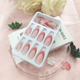 Valentine's Day Press on Nails Medium Almond Matte Red Heart Fake Nails with Gold Lines Wave Design Red French Tip Stick on Nails Stiletto Acrylic Glue on Artificial Nails False Nails for Women 24 Pcs