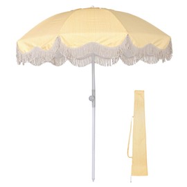 LAGarden Ocean 6Ft Fringe Patio Umbrella 8 Rib Outdoor Beach Vintage Tassel with Push Button Tilt Carry Bag UV30+ 50/60s Yard Picnic Garden Lawn Deck Wedding Pool Party Yellow Stripe