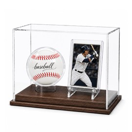 Baseball Display Case with Card Holder, Wood Base