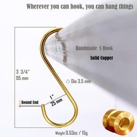Solid Copper Brass S Hooks Pan Pot Holder Rack Hooks Hangers Round-End S Shaped Hooks for Hanging Coffee Mugs Kitchenware Utensils Rail Jeans Pants Clothes Bags (Solid Brass Hook, 4 Pack)