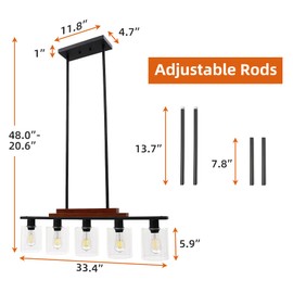 Kitchen Island Lighting, 5 Lights Dining Room Light Fixture Farmhouse Chandeliers for Dining Room with Clear Glass Shade Rustic Wood Adjustable Rods Pendant Light Fixtures