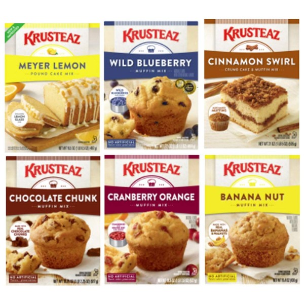 Krusteaz Muffin Mix Variety Pack + Baking Liner. Flavors: Cranberry Orange; Blueberry; Lemon Pound Cake; Chocolate Chip; Cinnamon Swirl: Banana Nut - Bundle of 6 Muffin Mix