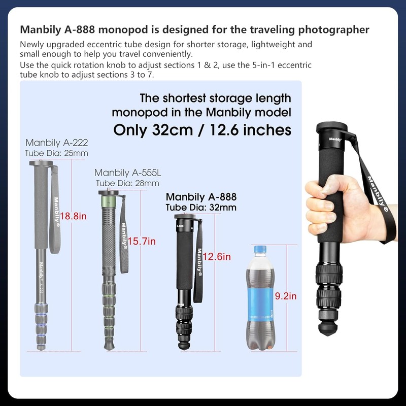 Manbily A-888 Camera Monopod, Length 32cm - 156cm, Aluminum Monopods
