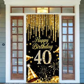 HOMETITUTE 40th Birthday Door Cover 71x35 Inch Black and Gold Birthday Banner for Party Decorations Diamond Number Backdrop Sign for Women Men Photo Booth Prop Wall Decor