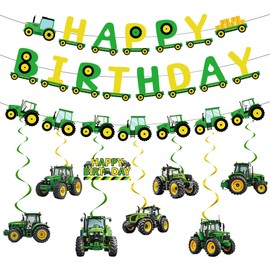 Tractor Birthday Party Decorations Banner - 11 Pcs Green Happy Birthday Bunting Banners Digger Hanging Swirls For Excavator Themed Baby Shower 2nd/3rd Birth Decorations Boy