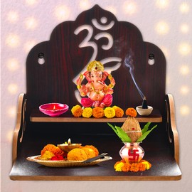 Wooden Wall Mounted Hanging Table top Temple Pooja Mandir God Stand Shelf for Storage and Idols Decoration for Home Office and Gifting (Temple Dark Brown)